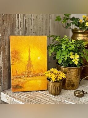 Vintage Handpainted Eiffel Tower Scene Paris France Small Painting Corkboard